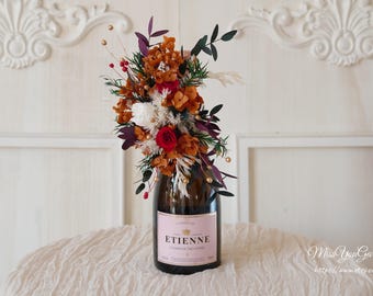 Flower Arrangement For Wine Bottle,Wine Bottle Bouquet with Red Rose,Wine Gift,Wine Bottle Decor,Wine Centerpiece,