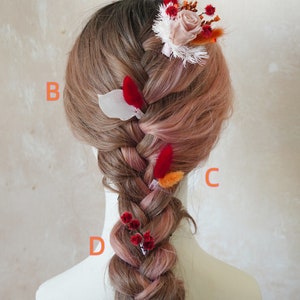 Postiche de fleurs séchées orange et rouge, épingles à cheveux de fleurs de mariage Boho, accessoires de cheveux de mariée, peigne à cheveux de fleurs séchées, casque floral rustique image 2