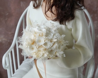 Preserved Cream White roses &Hydrangea Pampas Grass wedding bouquet Dried Bridal bouquet/Wedding decor,Rustic Boho Brides,Bridesmaid bouquet