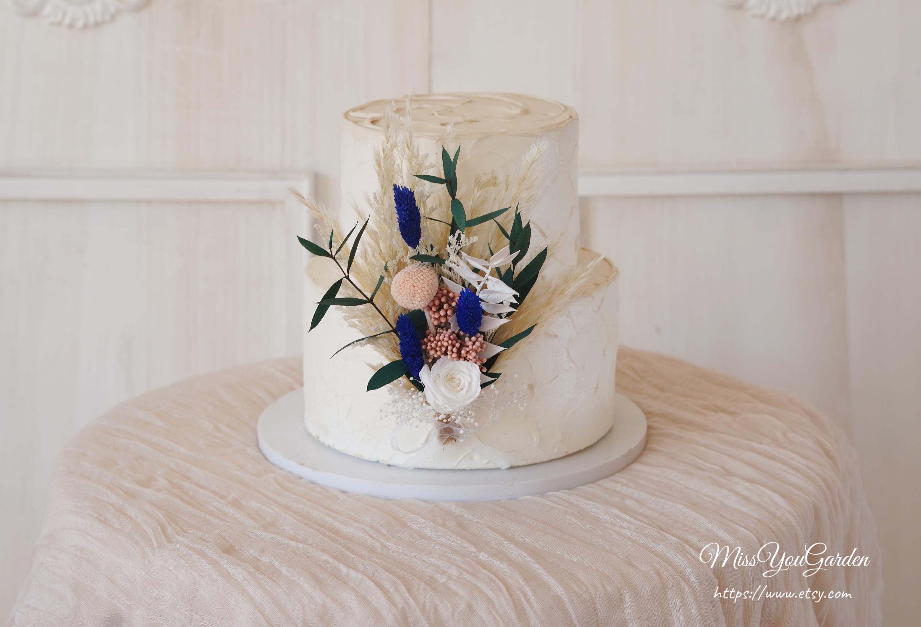 Navy blue &Pink Preserved Flowers Cake Topper Dried