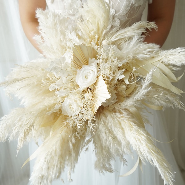 Roses blanches préservées et lance de palmier Bouquet de mariage d’herbe de Pampas Bouquet de mariée séché/Mariage de fleurs sèches, Mariées RusticBoho, Bouquet de demoiselle d’honneur