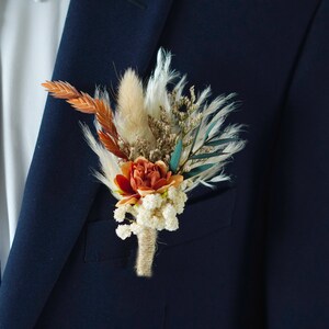 Burnt Orange Silk Floral Wedding Boutonniere,wedding flowers,Groom's pin wedding brooch/Handmade Buttonhole,lapel pin,wedding natural flower image 2