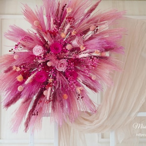 Hot pink color flower arch arrangement,wedding pampass grass decor,preserved rose and hydrangea flower backdrop,boho wedding Decor