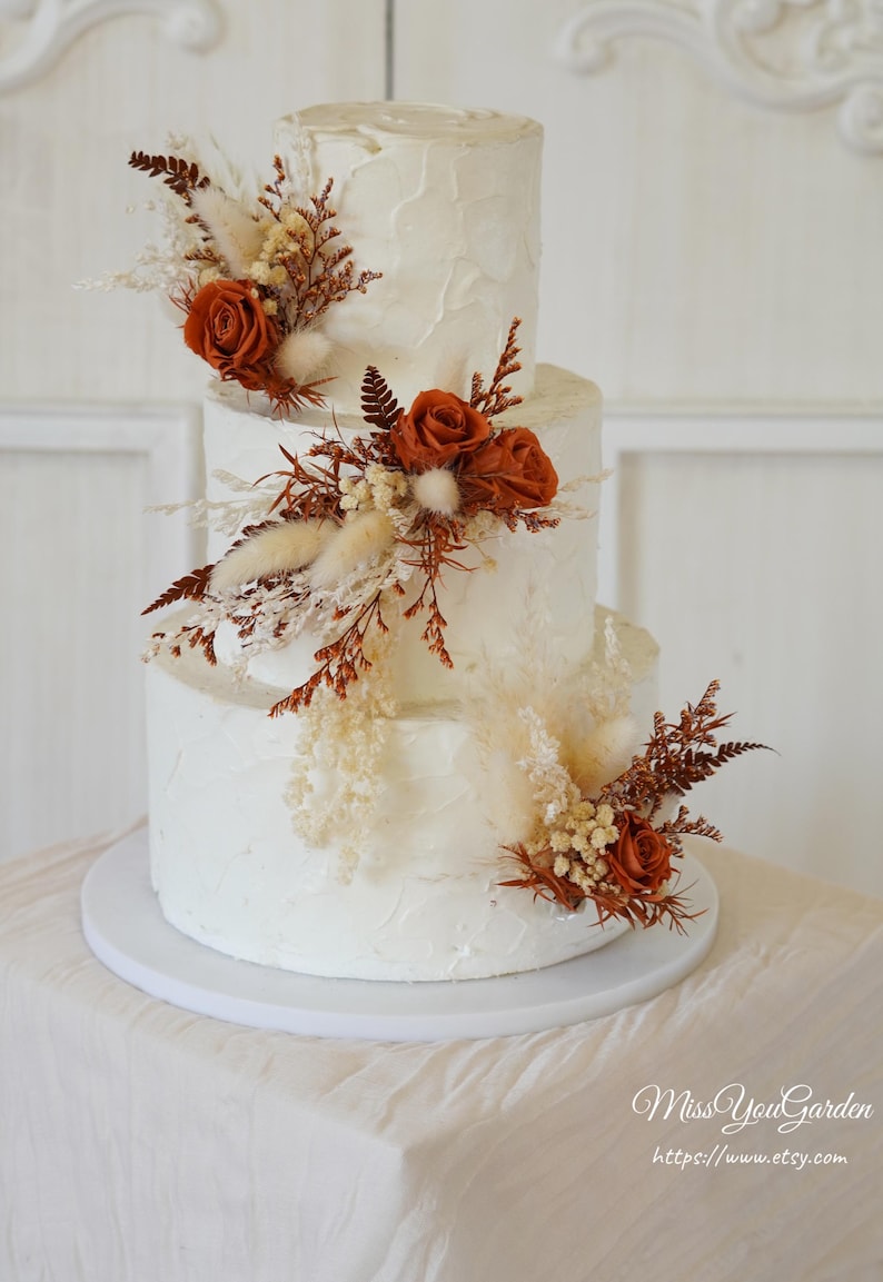 Terracotta & Beige Cake Topper,Dried Flowers Cake Topper,Wedding Cake Decor,Pampas Grass Cake Flower image 3
