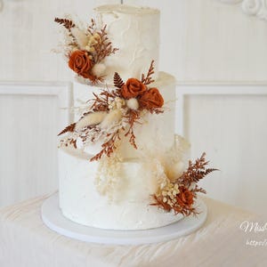 Terracotta & Beige Cake Topper,Dried Flowers Cake Topper,Wedding Cake Decor,Pampas Grass Cake Flower image 1