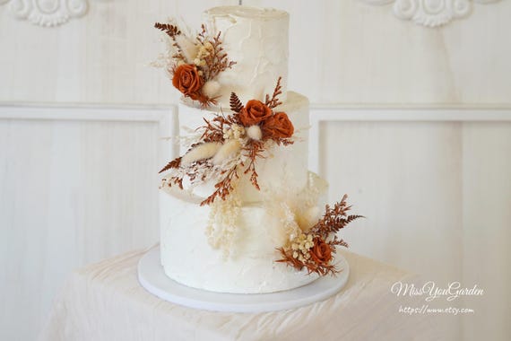 Terracotta & Beige Cake Topper,Dried Flowers Cake Topper,Wedding Cake Decor,Pampas Grass Cake Flower
