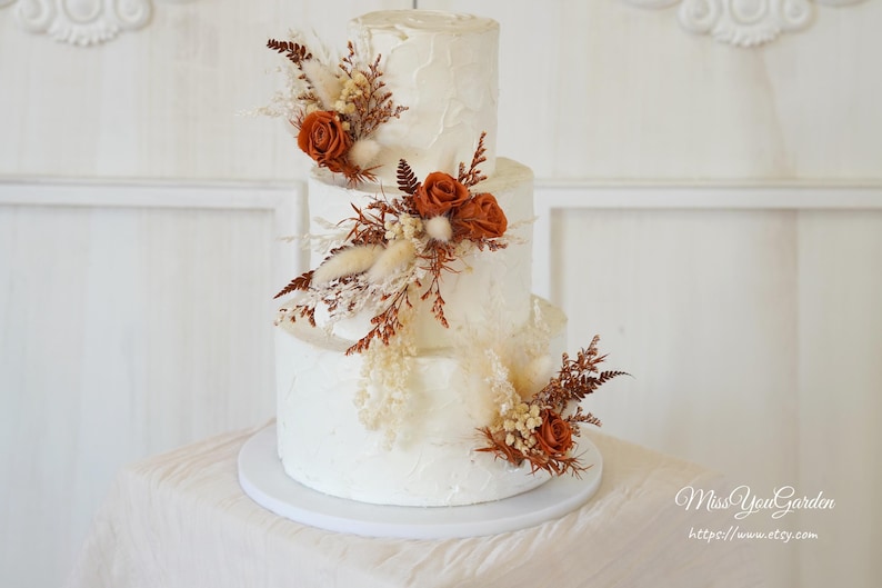 Terracotta & Beige Cake Topper,Dried Flowers Cake Topper,Wedding Cake Decor,Pampas Grass Cake Flower image 1
