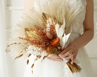 Golden Palm spear & Rust Orange/Pampas Grass wedding bouquet Dried Bridal bouquet/Dry Flower bouquet, Rustic Boho Brides,Bridesmaid bouquet