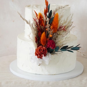 バーントオレンジのプリザーブドローズフラワーケーキトッパードライフラワーケーキトッパー、ドライフラワーケーキトッパー、パンパスグラスドライフラワーケーキトッパー