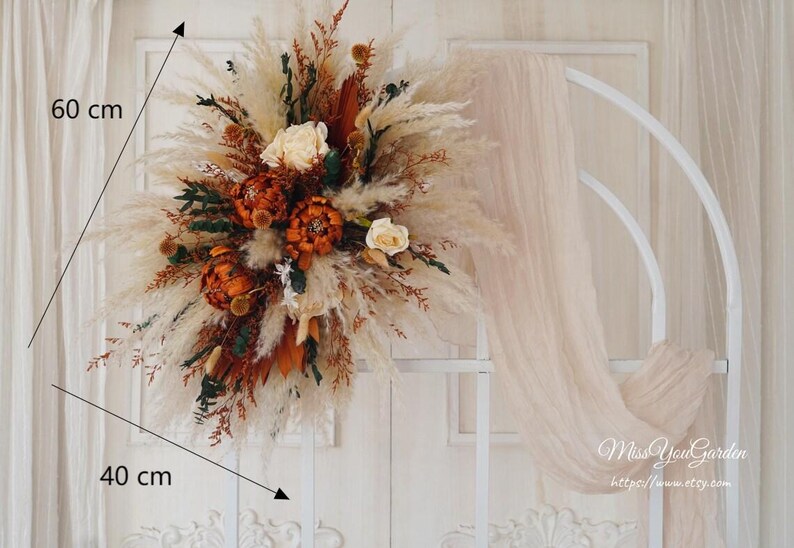 Burnt Orange Dried Flower Arch,Pampas Grass Swag Backdrop,Boho Wedding Centerpieces image 4