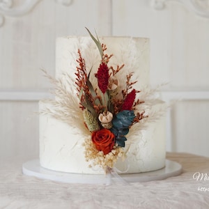 ラストオレンジ/バーントオレンジトッパードライフラワーケーキトッパー - ケーキトッパー、ドライフラワーケーキトッパー、パンパスグラスドライフラワーケーキトッパー