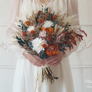 Gebranntes Orange & weißes staubiges / Pampasgras-Hochzeitsstrauß Getrockneter Brautstrauß/Trockenblumenstrauß, rustikale Boho-Bräute, Brautjungferstrauß