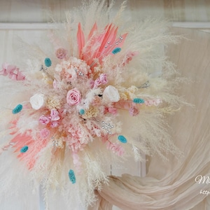 Peach and cream flower arch arrangement,wedding pampass grass decor,preserved rose and hydrangea flower backdrop,Boho Wedding Decor