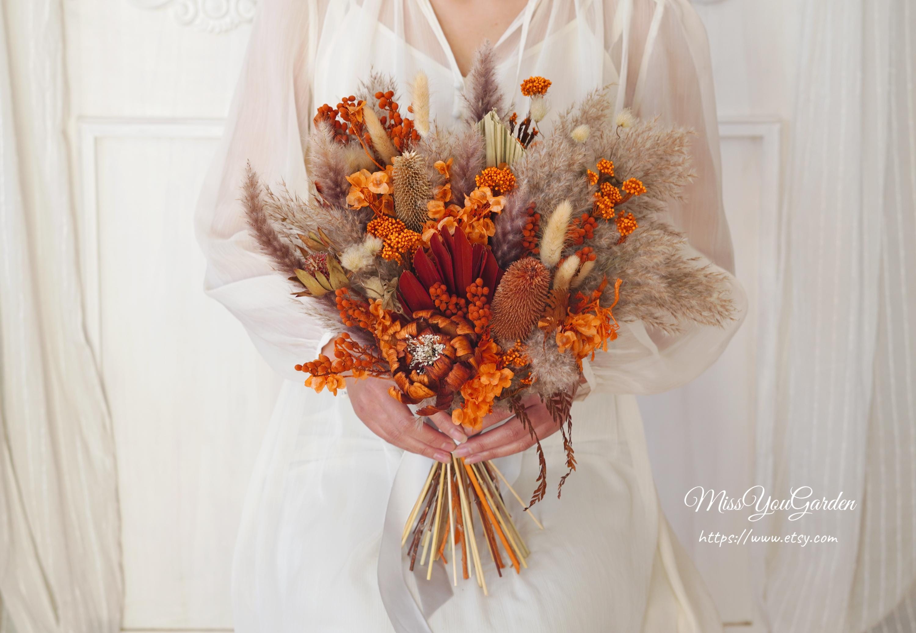 Brides Bouquet,burnt Orange Natural Style Preserved/pampas Grass