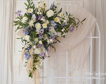 Purple & White Floral Arch with Greenery, Boho Wedding Swag, Artificial Flower Centerpiece