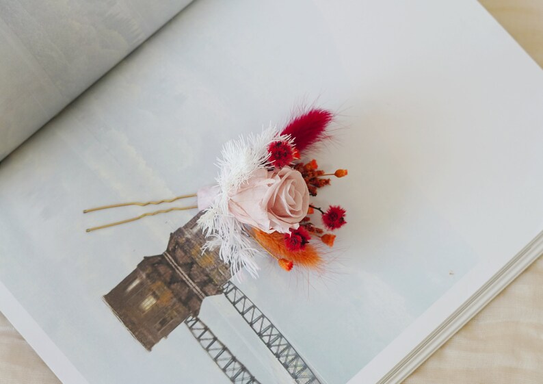 Postiche de fleurs séchées orange et rouge, épingles à cheveux de fleurs de mariage Boho, accessoires de cheveux de mariée, peigne à cheveux de fleurs séchées, casque floral rustique image 9