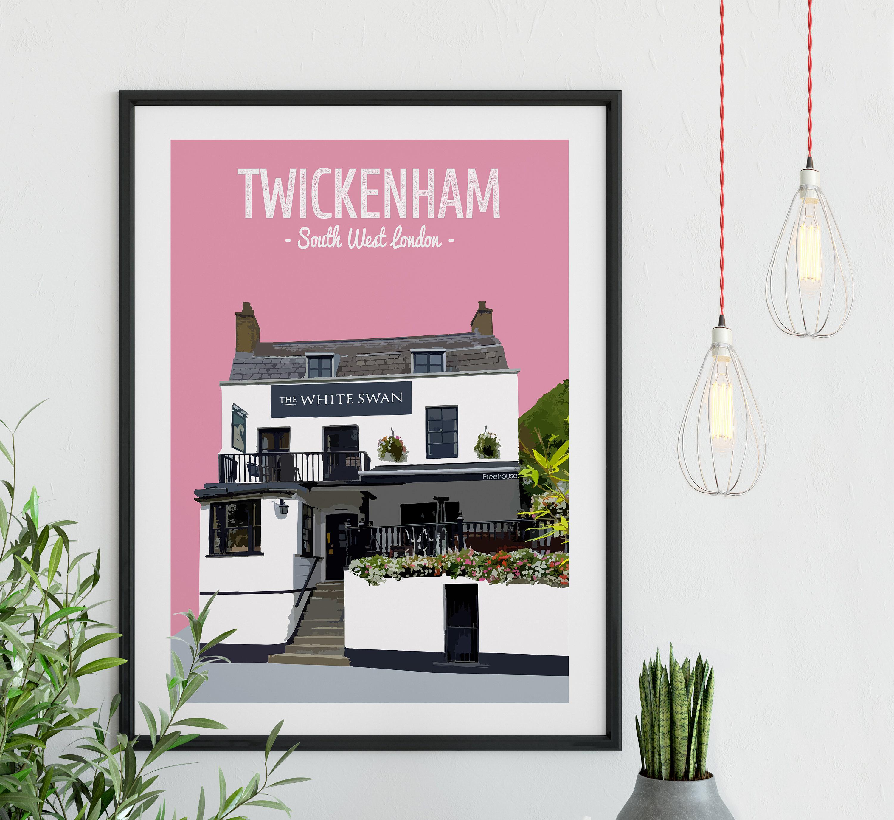 Twickenham Poster Print, The White Swan Pub, West London, South West London, Local Pub, Personalised Gift, Riverside Pubs