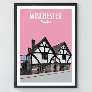 May include: A pink and white illustration of a building with black beams and a sign that says "The George Inn". The text "WINCHESTER -Hampshire- " is at the top of the image.