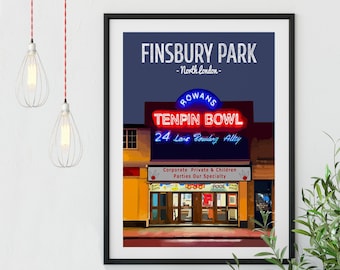 Finsbury Park Poster Print, Rowans Bowling, Night Out, North London Print