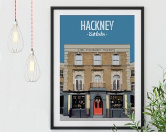 May include: A blue and yellow illustration of a pub called "The Pimsury Tavern" in Hackney, East London. The pub has a red door and is surrounded by brick buildings.