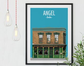 Angel Print Poster, The Old Queens Head, Islington Print, North London, Pub Print