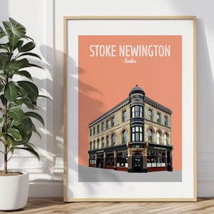 May include: A peach-coloured illustration of a building with a sign that reads "The Three Crowns" in black text. The building is a corner building with a rounded corner. The building is located in Stoke Newington, London.