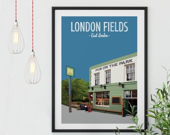 Impression d&#39;affiche London Fields, The Pub on the Park, Impression du marché de Broadway, Marché de Broadway, Impression de pub
