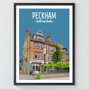 May include: An illustration of a building in Peckham, South East London. The building is a pub with a sign that says "The Clock House".
