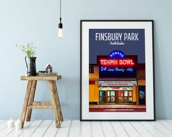 Impression d&#39;affiche de Finsbury Park, Rowans Bowling, soirée, impression du nord de Londres