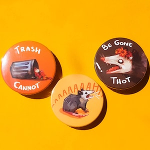 Opossum button pack - 38mm/1.5 inch - As set or seperate - Trash, cute, possum, :V, begone thot, scream, trash cannot