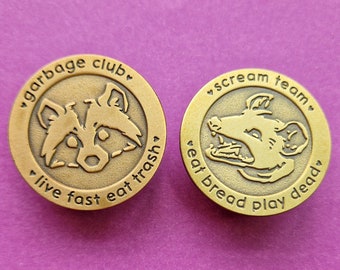 Trash Troupe Raccoon and Possum Enamel Pins  - Garbage Club-  Antique Gold Plating - Trash Troupe