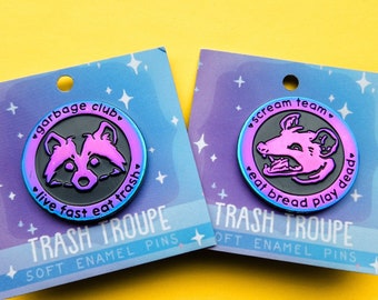 Trash Troupe Raccoon and Possum Enamel Pins  - Rainbow Plating - Trash Troupe and Garbage Club