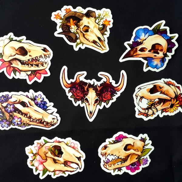 Vinyl Animal Skull Stickers - 3x3inch - Alligator, deer, cat, bird, fox, ram, rabbit, wolf - skull and flower aesthetic