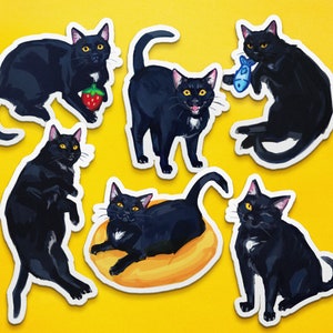 May include: Six black cat stickers with different poses. The cats are all black with white markings and have yellow eyes. The stickers are on a yellow background.