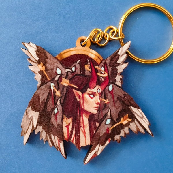 Wooden Devil Keychain - 2 inches - gold chain - Angelic charms