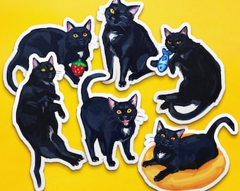 Black Cat Sticker Pack - 6 Matte Vinyl Stickers, Waterproof