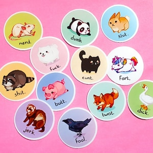 Cursing Animals Sticker Pack - 12 Waterproof Matte Stickers -  1.3" inch, 35mm - Cute sweary animals