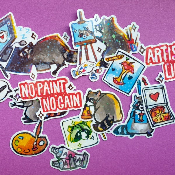 Artist Raccoon Sticker Pack - 12 autocollants holographiques brillants imperméables