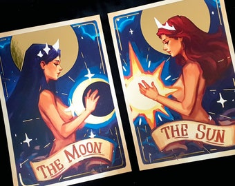 Sun and Moon Gold Foil Print set - A4 size  (210 x 297mm, 8.3 x 11.7 inches) - Original Illustrations