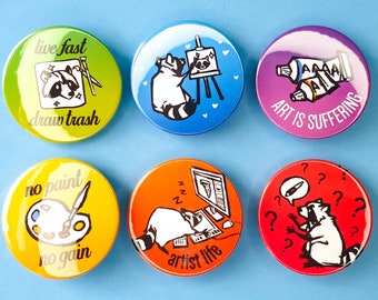 Artist Raccoon Buttons  - 1.5" inch/38mm pinback button, plastic backing