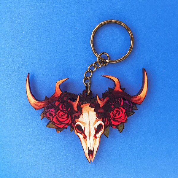 Wooden Deer Skull Keychain - 2.5 inch - Old bronze chain