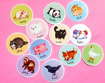 Cursing Critters Sticker Pack - 12 Waterproof Glossy Stickers -  1.3" inch, 35mm - Cute sweary animals
