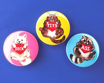 Frisky Animal Buttons: Raccoon, Dog, Cat - Rude Humor (38mm/1.5 inch)