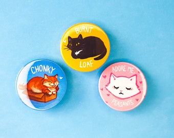 Cute Cat Button Badges - 38mm/1.5 inch - As set or seperate