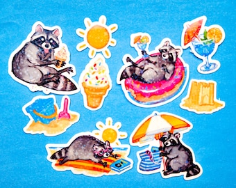 Paquete de pegatinas de mapache playero: 9 pegatinas holográficas de vinilo impermeables