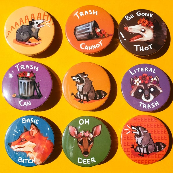 Trash Person Button Pack - 3,8 cm Buttons - Trash, Meme, Geek, Tier, Waschbär, Fuchs, Reh, Opossum, Mülleimer, lustig