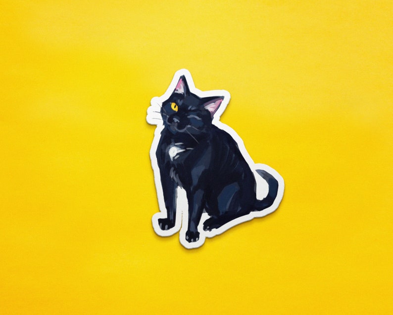 May include: A black cat with a white patch on its chest sits with one eye closed, looking to the side. The cat has a yellow eye and pink ears.