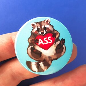 May include: A blue and white round button with a cartoon raccoon holding a red heart with the word "ASS" written on it.