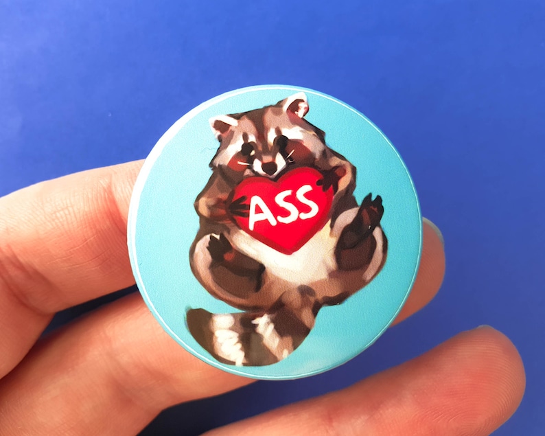 May include: A blue and white round button with a cartoon raccoon holding a red heart with the word "ASS" written on it.