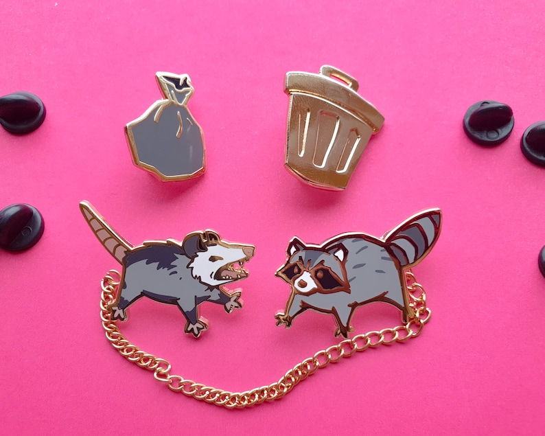 Raccoon Hard Enamel Pin Set Trash Dwellers Gold plating Raccoon + Possum set